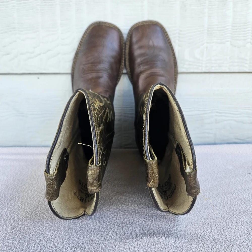 Old West Brown Leather Square Toe Western Cowboy Boot Youth SZ 1.5 Embroidered